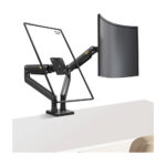 NB G32 dual monitor gas spring desk mount in aluminum finish, supports 22 to 32 inch screens with USB port and full motion adjustability
