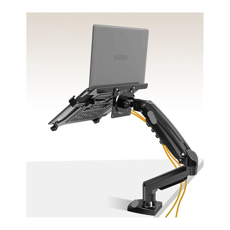 NB F80-FP-2 dual gas spring monitor and laptop mount, supporting 17 to 30 inch monitors and 10 to 17 inch laptops with adjustable clamp and full motion arms