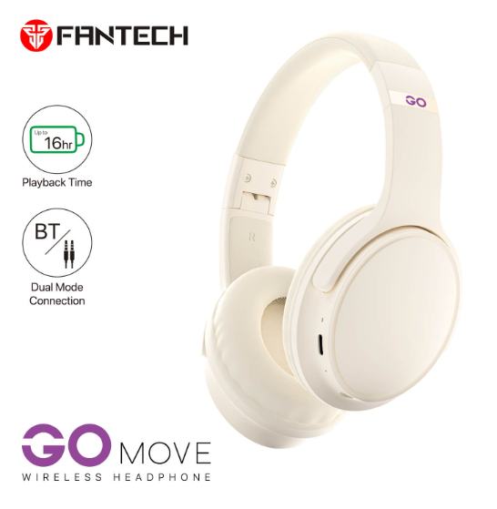 Fantech WH03 GO MOVE Wireless Bluetooth 5.0 Headphones – Beige with Dual Connection and Mic for Gamers and Everyday Use in Lebanon