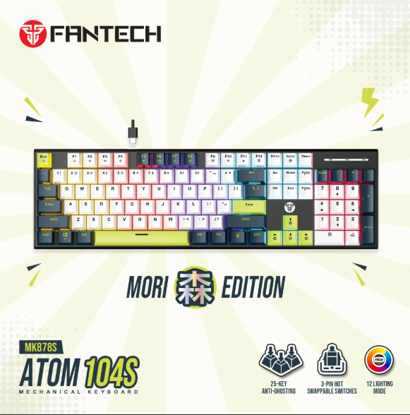 FANTECH ATOM104S MK878S mechanical gaming keyboard in MORI White Edition – full-size RGB hot-swappable keyboard for gamers in Lebanon