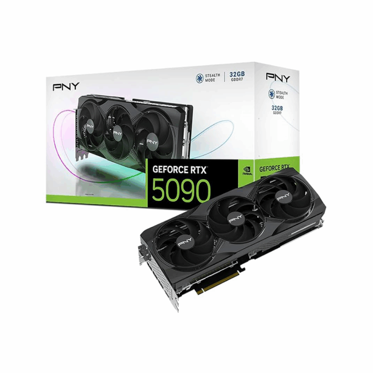 PNY GeForce RTX 5090 32 GB GDDR7 overclocked GPU with triple-fan cooling, metal backplate, DLSS 4, and PCIe 5.0 for 4K/8K gaming
