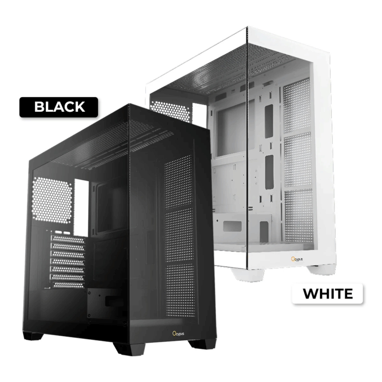 OCYPUS GAMMA C72 mid-tower gaming case with a mesh front panel, tempered-glass side panel, and six pre-installed non-RGB fans, available at Techubme Lebanon.