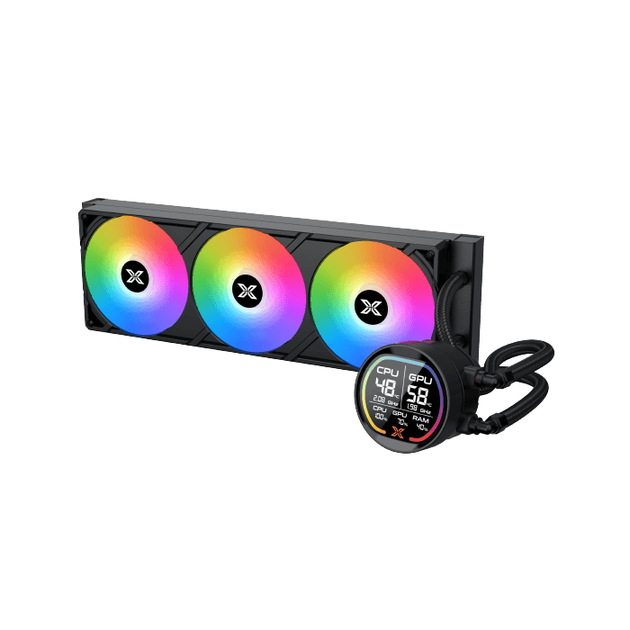 Xigmatek LK Pro 360 digital liquid CPU cooler with temperature display and triple ARGB fans at Techubme